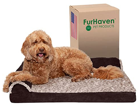 Furhaven Large Orthopedic Dog Bed Two-Tone Faux Fur & Suede L Shaped Chaise w/Removable Washable Cover - Espresso, Large