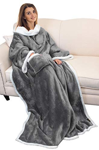 Catalonia Classy Warmere Decke mit Ärmeln, weiche Kuscheldecke mit Armen, warmes Geschenk für Weihnachten, gemütliches Geschenk für Frau Freundin, 185 x 140 cm grau