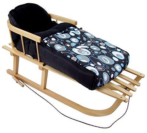 RAWSTYLE *Kombi-Paket* Holz-Schlitten mit Rückenlehne & Zugseil + universaler Winterfußsack (90cm) Fleece, auch geeignet für Babyschale, Kinderwagen, Buggy (Schwarz + Blaue Blasen)