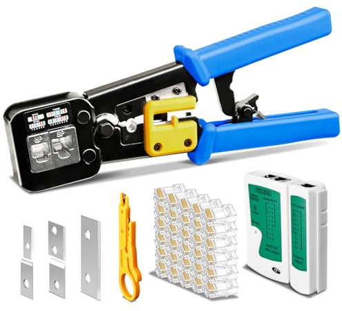 Hiija RJ45 Crimp Tool Pass Through CAT6 Cat5e Cat5 Crimping Tool for RJ45/RJ12 Regular Plugs, Ethernet Crimping Tool with 50PCS Cat5e CAT6 Pass Through Connectors and Network Cable Tester