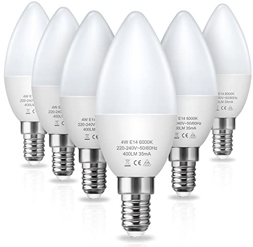 Fulighture E14 Glühbirne in Kerzenform, E14 LED Birne 4W Ersetzt 40W 300 Lumen 6000K Kaltweiß 180°Abstrahlwinkel, Nicht Dimmbar, 6 Stück