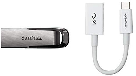 Sandisk Ultra Flair 64 GB, Chiavetta USB 3.0, Velocità di Lettura fino a 150 MB/s, Nero & Amazon Basics Adattatore da USB Type-C a femmina USB 3.1 Gen 1, colore bianco