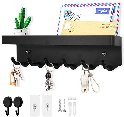 Echehi à 6 Crochets Porte Clé Mural, Multifonctionnel Auto-Adhésif ou Perçage Installation 2 Façons Porte Cléf Mural Adapté à L'entrée, à la Cuisine, au Bureau, à la Salle de Bain et au Salon (Noir)