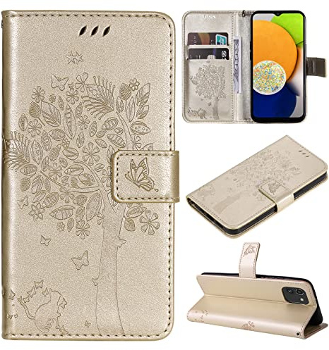 Fatcatparadise Kompatibel mit Samsung Galaxy A03 Hülle, Handyhülle Samsung A03, Prägung Muster Schutzhülle Galaxy A03 PU Leder Wallet Case Klappbar Flip Hülle Brieftasche Ledertasche (Gold)