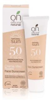 Officina Naturae | Crema Solare Viso SPF 50 con Acido Ialuronico, Vitamina C ed Estratto di Carota Bio, Azione Anti Age e Antiossidante, Senza Profumo, 30ml