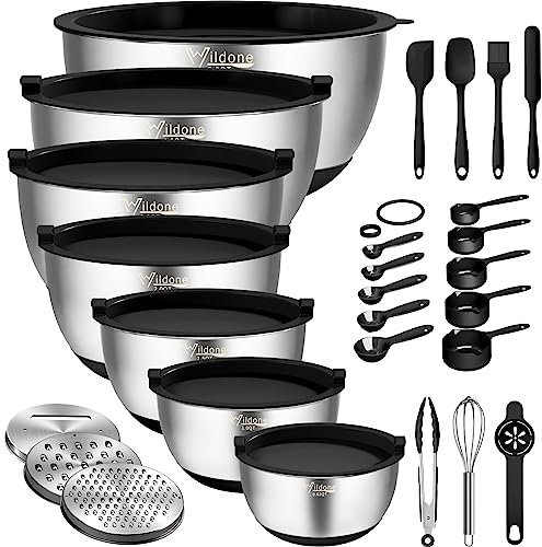 Wildone Rührschüsseln mit luftdichten Deckeln, 27 Stück Edelstahl-Nistschüsseln, mit 3 Reibeaufsätzen, Skalenmarkierung und rutschfester Unterseite, 0.63 QT, ideal zum Mischen und Vorbereiten