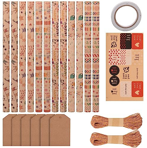LUCKYKODOR Geschenkpapier Geburtstag 12 Blatt 70,5 x 49,5cm Geschenk Geschenkpapier mit Juteschnüren, Aufklebern und Anhängern Öko Kraft Geschenk Papier Natur Recycling-Geburtstagspapier