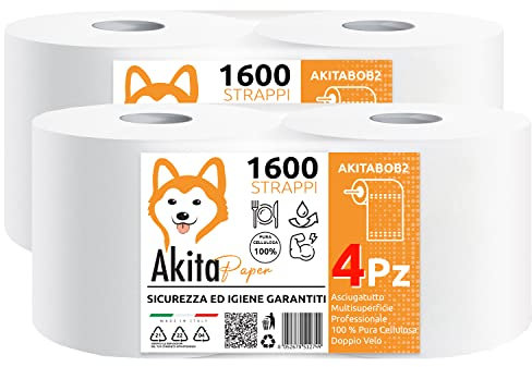 Rollen AKITAINK Papier Trockner Industrie - 1600 Risse - Ideal für Lebensmittelgebrauch und kompatibel mit Spender, Packung mit 2 Rollen (Packung mit 4 Stück)