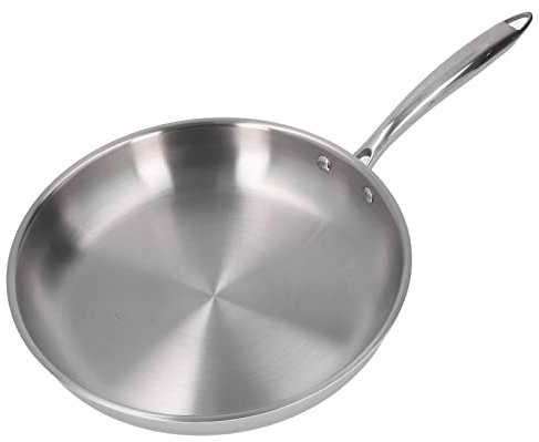Sartén de Acero Inoxidable Engrosada Acero Inoxidable 304 sin Recubrimiento Sartén de Acero Inoxidable de 3 Capas para Cocinar Tortillas, Sartén con Mango Ergonómico de Acero (28cm)