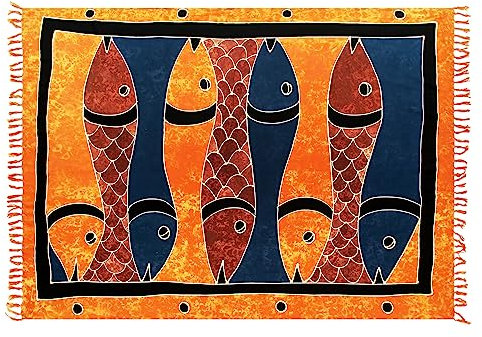 SAIVONA Pareo Sarong Strandtuch Damen-Wickelrock Strand-Handtuch Wickeltuch oder Handtuchkleid und Wickelkleid Damen-Handarbeit aus Fair Trade Herstellung Batik Fische Bunt
