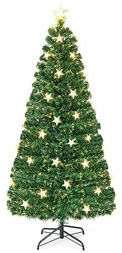 RELAX4LIFE Albero di Natale Artificiale 180cm con Luci in Fibre Ottiche e Addobbi: 1 Stella e 30+3 Stelle con LED Incorporate, 230 Rami Folti e Realistici in PVC, Base Pieghevole in Ferro