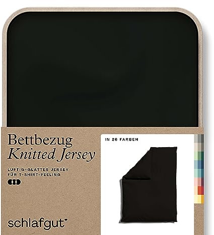 schlafgut Knitted Jersey Bettwäsche 135x200cm Bettdecke Bezug einzeln, Multicolor Uni, weich und faltenfrei mit Elasthan (Off-Black, 155x220)