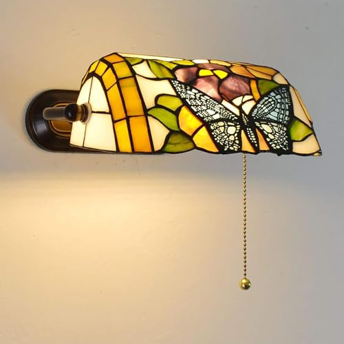 VECNUM Applique Murale Style Tiffany avec Interrupteur À Tirette, Rural Lampe De Banquier Méditerranéen avec Abat-Jour en Verre Teinté, E27 Rétro Lampe Murale pour Salon,D