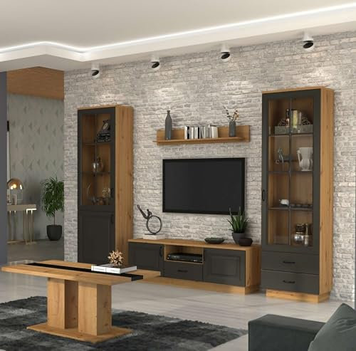 Kuechen-preisbombe Wohnwand Stilo 270 cm Wohnzimmer Landhaus Grau Eiche Artisan Buffet Küche