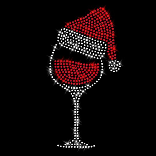 Glitzerdeals Bügelbild Karneval Strass Weihnachten Weinglas kristall mit Weihnachtsmütze Aufbügler für Textilien