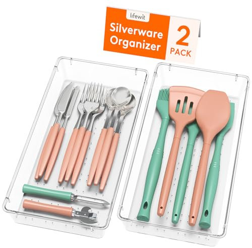 Lifewit Drawer Organiser, 30cm Large-Size Versatile Organiser Tray for Perfume, Makeup, Cutlery, Tools & Gadgets, Clear storage Box Set fitting in kitchen, Bathroom, Vanity Drawers & Office, 2 Pack