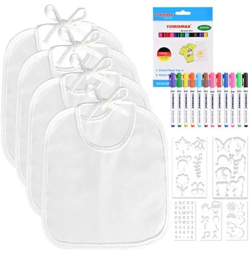 Faburo 12 Stück Lätzchen zum Bemalen, Lätzchen Baby (18*18cm) für Babyparty Spiele Babyparty Deko Babyshower Party Gender Reveal, Baby Lätzchen zum Bemalen Set mit 12 bunten Textilstifte 5 Schablonen