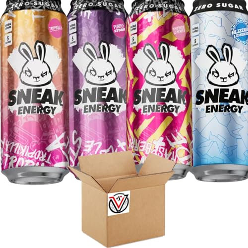 Sneak-Energy Tropikilla, Purple Storm, Blizzard Lemonade, Raspberry Lemonade Can 500ml - Zero Sugar and No Artificial Colours or Flavours (12 Cans, Random Mixed)