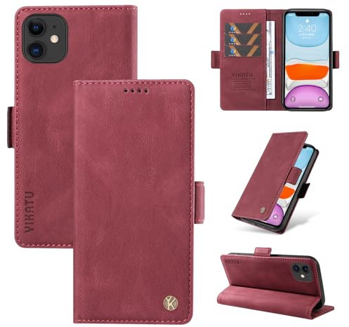 NEXCURIO Hülle für Apple iPhone 11 Handyhülle Klappbar mit Kartenfäch Klapphülle Lederhülle Schutzhülle Handytasche Handy Tasche Leder Flip Case Cover - Weinrot