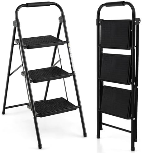 HOMFME Folding 2/3/4 Step Ladder, 150kg/265kg Capacity Anti Slip Tread Stepladder with Anti-Slip Pedal and Locking Device, Safety Metal Ladder Stool for Household Garage Shop (3 Step)