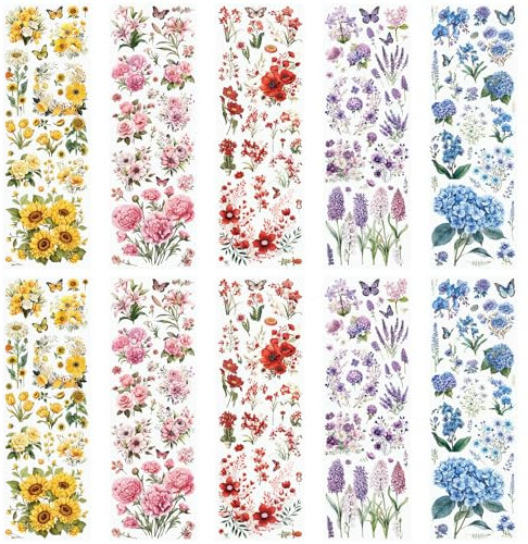 WANDIC 10 Blatt Transfer-Aufkleber, gemischte Blumen-Aufkleber für Bastelarbeiten, Scrapbooking, Fotoalben, Möbel, 30 x 9,9 cm