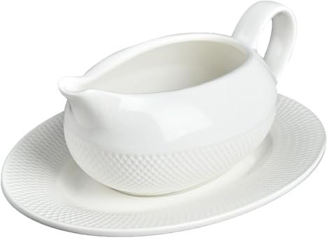 Sauciere Mit Untertasse - Porzellan Soßenkanne Weiß Mit Teller | Aus Keramik Mit Griff Und Großem Ausguss Für Partygeschirr Küche Tischdeko