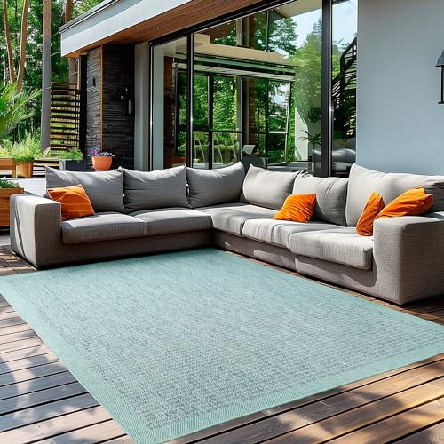 Teppium Modern Outdoor Teppich Wetterfest 200x300 (200 x 290 cm) Blau- Flachgewebe Sisaloptik Balkon Teppich Wasserfest - Waschbarer Teppich für Garten, Terrasse, Camping und Küche