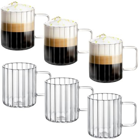 Wilmax - Verres isothermes avec anse - Lot de 6-300 ml - Verres en verre cannelé pour l'eau, le thé, le café - Verres à thé et à café - Gobelets - Lavables au lave-vaisselle