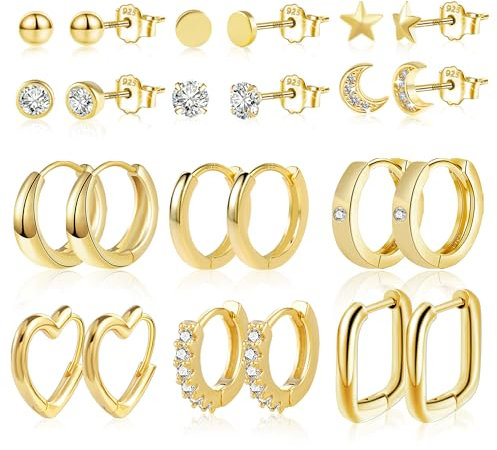 ASH'S CHOICE Gold Set, 12 Paar Multipack Creolen und Ohrstecker, Silber 925, Hypoallergen, 30 g, 14-karätiges Gold, Zirkonia, Oval, Herz, Kugel, Stern, Mond, für mehrere Ohrlöcher