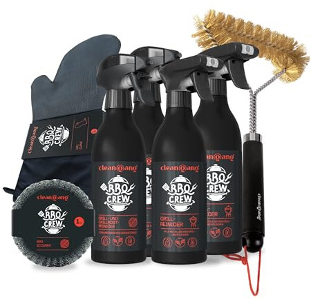 Cleangang Grillreiniger Set 7-Teilig - Kraftvolle Grillreinigung & Pflege inkl. Grillbürste, Stahlschwamm und Grillhandschuh - Für Gasgrill, Edelstahl, Gusseisen, Smoker u.v.m.
