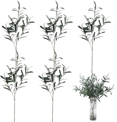 Olive Branches, Olive Branches for Vases 5Pcs Faux Olive Branches 30'' Artificial Olive Tree Branches Without Olives 4 Branches Realistic Greenery Stems for Home Office Decor Style 2, Faux Olive Bra