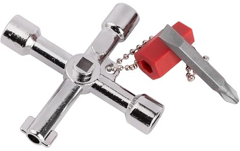 MIVOS Universal-Schaltschrank-Schlüssel mit Bit - Multifunktionale Utilities Schlüssel aus Metall - 4 verschieden geformte Spitzen - Kreuzschlüssel - Wasserhahn Schlüssel