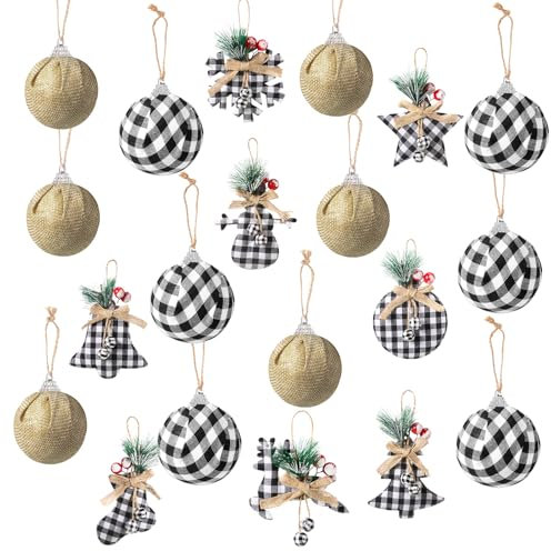 Sratte Rustikales Weihnachtsbaumschmuck-Set, 6,3 cm, hängende Jute-Kugel, 7,9 - 15,2 cm, rot/weiß, schwarz, Büffelkaro, Kugel für Bauernhaus, Weihnachtsschmuck, Landhaus-Weihnachtsdekoration, 20 Stück