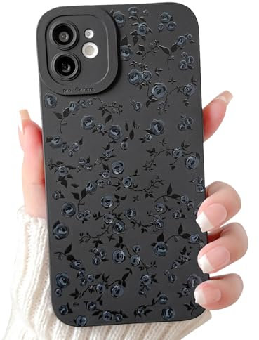 NITITOP Compatible with iPhone 12 Case Cute Black Cool Design Flower Floral Rose Pattern for Women Girl Soft TPU Shockproof Protective Phone Cover Girly - Rose