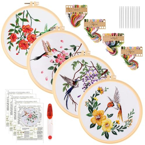 BORDEAG Stickset für Anfänger, 4 Stück Sticken Set Erwachsene, Stickerei Set Kolibri und Blume Sticken, Embroidery Kit mit Muster, Bambus-Reifen, Sticktuch, Nadeln, Farbfäden, Anleitung und Werkzeuge