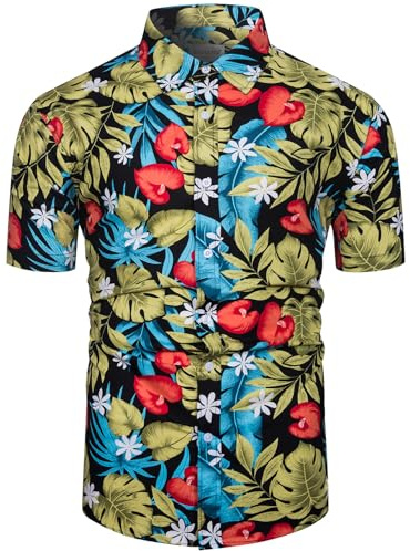 fohemr Mens Floral Shirt Short Sleeve Flower Print Button Down Hawaiian Summer Shirt 100% Cotton
