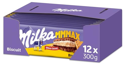 MILKA - 12 Tablettes de Chocolat au Lait Milka MMMAX Choco-Swing 300g - Chocolat au Tendre Lait du Pays Alpin - Lot de Tablettes de Chocolat Milka et Biscuit - Lot de 12x300g