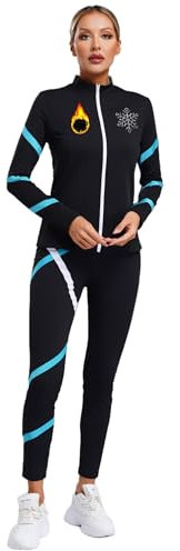 CHICTRY Eiskunstlauf Anzug Thermo Damen Trainingsanzug Langarm Sportjacke Fleecejacke Stfeifen Patchwork Tanhose Stretch Gymnastikhose Sportswear Blau Grün XXL