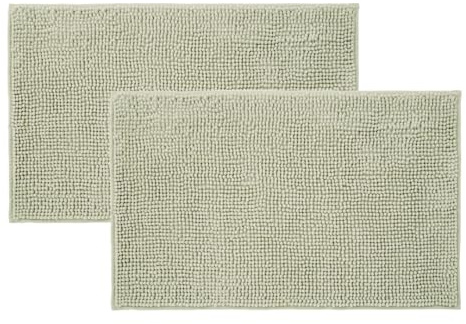 Allure Pack of 2 Bobble Chenille Bath Mat Non Slip 50 x 80cm - Soft, Absorbent, Easy Care (Sage Green)