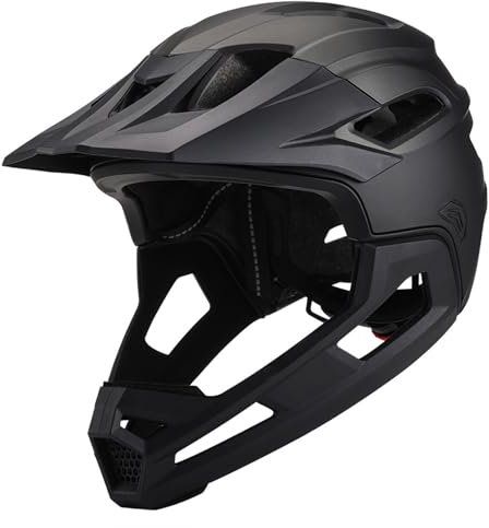 Mountain Bike Helmet for Adult Shock-Proof PC Full Face Bike Helmet with Detachable Chin Holder & Visor Adjustable Unisex Black Bike Helmet for Biking Outdoor