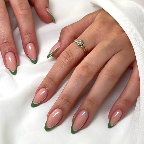 Green Press on Nails French Tip - 24PCS Pink False Nails with Glue - Long Almond Stick on Nails - Full Cover Fake Nails with Strong Glue on Nails - French Nail Tip for DIY Nail Art