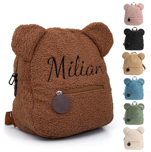 Personalisierte Rucksack Kinder mit Gestickt Name, Mini Kinderrucksack für Mädchen Junge, Kita Rucksäck Kleinkind, Klein Teddy Bär Kindergartenrucksack Schulranzen Tasche für Kindergarten (Braun)