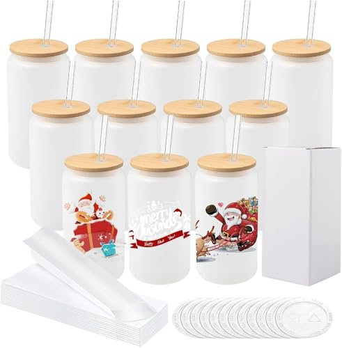 MALLOOM Lot de 12 Boîtes en Verre Sublimables avec Couvercle, Verres à Canette Givré Sublimable 16oz avec Pailles en Verre et Boîte Cadeau, Tasses en Verres Sublimables pour Café Glacé, Jus et Soda