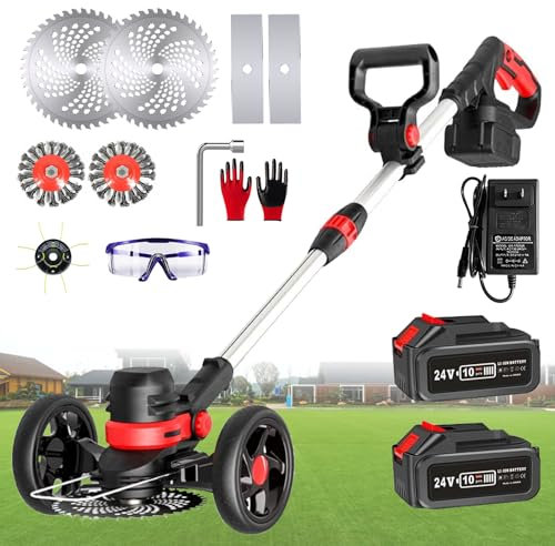 4-in-1 Cordless String Grass Trimmer & Brush Cutter – 2.3kg Lightweight, Telescopic Handle (110-160cm) w/Support Wheels, 2x24V 4.0Ah Batteries – Ideal for Lawns, Weeds & Shrubs