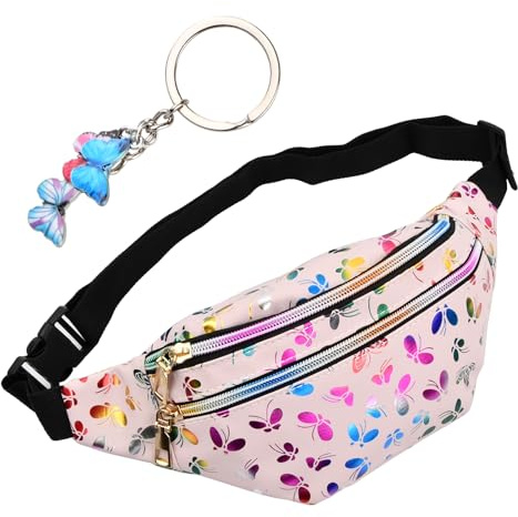 Wisebom Bauchtasche für Kinder, Mädchen Gürteltasche mit Schmetterlings Anhänger, Multifunktionale Tailletasche, PU Leder Bunt Hüfttasche mit Verstellbarem Gurt für Reisen Party Wandern (Rosa)