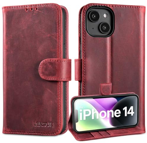 LENSUN Lederhülle für iPhone 14, Echtes Leder Flip Handyhülle - Retro Rot | Hülle mit Kartenfach, Sicherer Magnetverschluss, Standfunktion, RFID Schutz Echtleder Handytasche