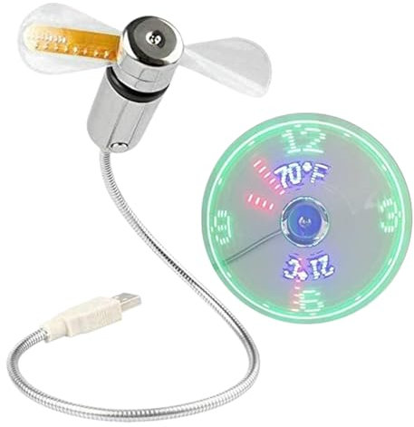 Liakyunf Ventilador USB Portátil, Ventilador USB con Reloj y Termómetro Integrado, Cuello Flexible con Iluminación Suave, Enfriador de Aire para Climas Cálidos, Ángulo Ajustable para Dormitorio,