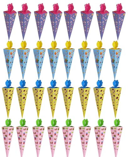 Snyvpra 32 Stück Schultüte Klein, 20cm Geschwister Schultüte Mädchen Jungen, Faltbare Zuckertüte Klein, Zuckertüten, Geschwistertüte Für Die Einschulung Und Partys(Vier Verschiedene Farben)