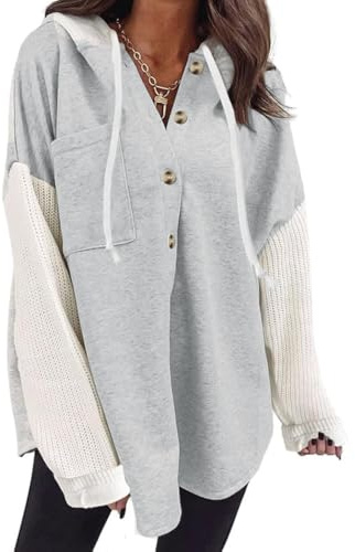 Cuptacc Sudaderas Mujer con Capucha Cuello en V con Cordón y Botones Chaqueta Mujer Suelto Sudadera Otoño Gris, Medium M 38-40