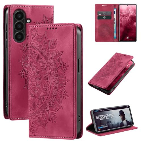 LBH Handyhülle für Samsung Galaxy A56 5G Mandala Klapphülle RFID Schutz Kartenfächer Geldfach Design Cover Case Flipcase Magenta Rot